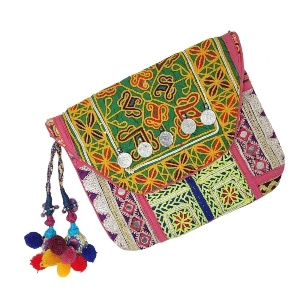Colorful boho envelope purse bag pom pom embroidery